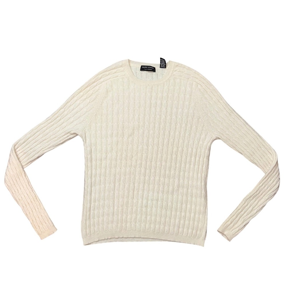 Valerie Stevens 100% Cashmere Cable Knit Sweater Cream White Crew Neck Medium